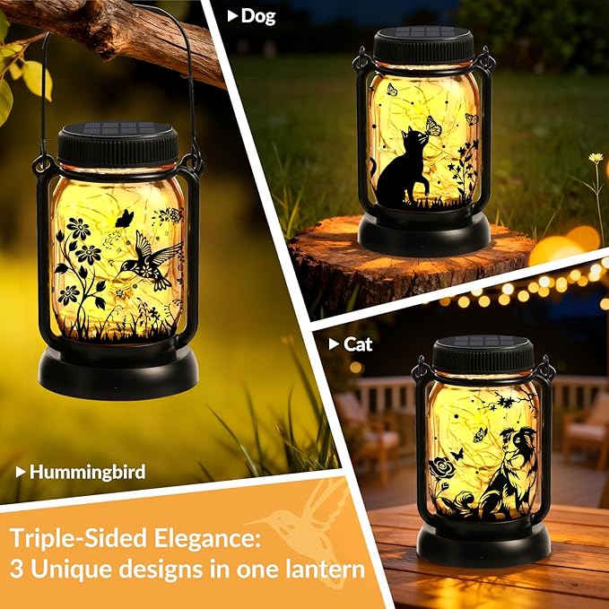 Hummingbird Solar Lanterns Outdoor Waterproof Hanging Solar Lantern Lights Glass Mason Jar Garden Decor 3 in 1 Hummingbird/Cat/Dog for Mom Grandma Sister Birthday, 1*Lanterns & 3*Patterns