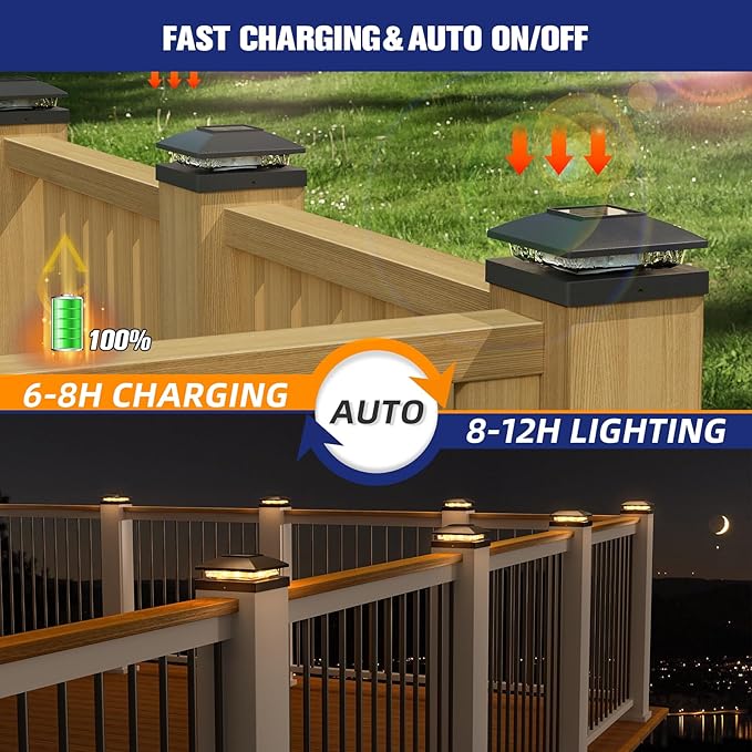 APONUO Solar Post Cap Lights for 4x4 Posts - IP64 Waterproof, 3000K LED, No-Wire Fence Lights & Deck Lights for Patio Garden Yard Patio, Black-Warm White, 6 Pack