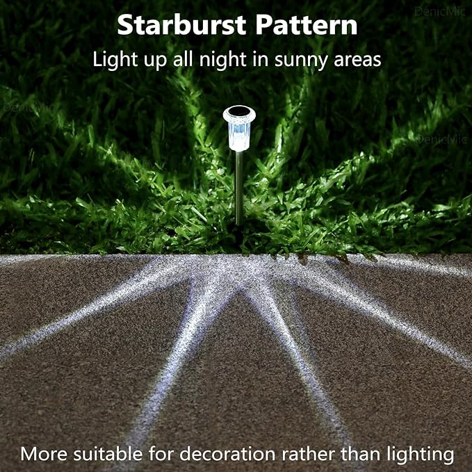 DenicMic Solar Lights Outdoor 15 Pack Waterproof 6000K Cold White LED Stainless Steel Stake Outside Lights for Yard Pathway Garden Driveway Walkway Landscape Path Lighting
