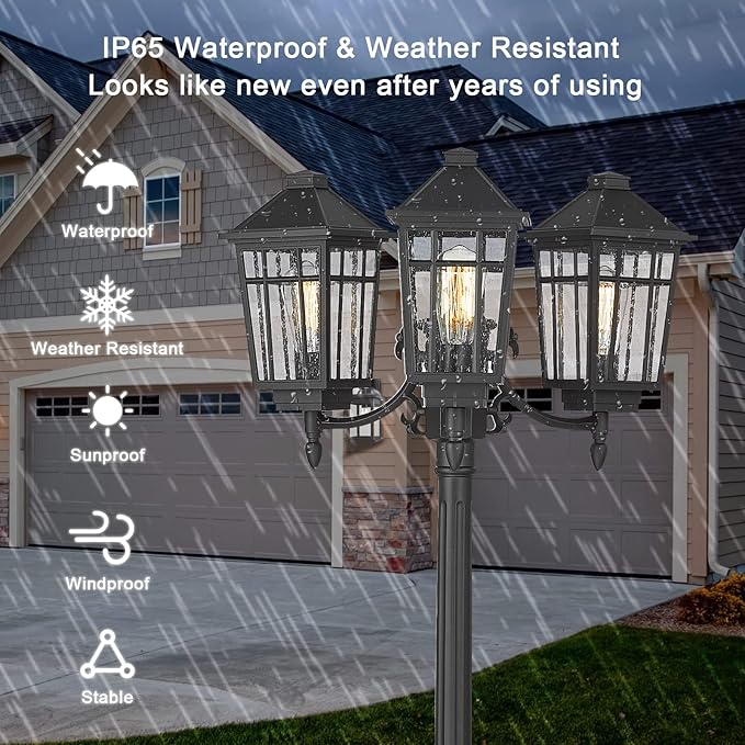 Darkaway Outdoor Post Light,3-Head Outdoor Street Light Pole Lamp Posts Road Lighting Waterproof Aluminum with Glass Outside Lighting Fixture for Backyard Garden Patio Pathway