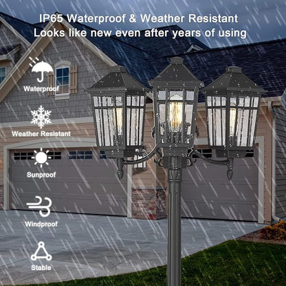 Darkaway Outdoor Post Light,3-Head Outdoor Street Light Pole Lamp Posts Road Lighting Waterproof Aluminum with Glass Outside Lighting Fixture for Backyard Garden Patio Pathway