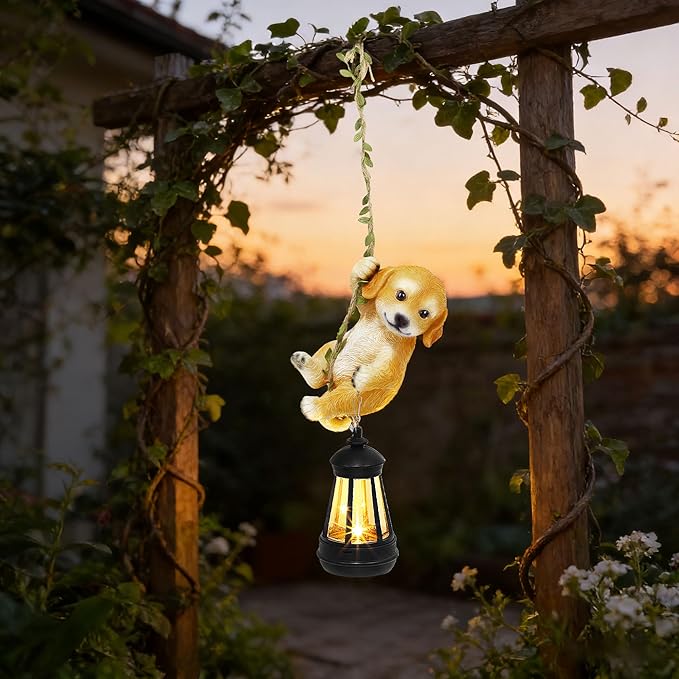 Solar Hanging Dog Statue, Outdoor Resin Golden Retriever Dog Figurine with LED Lights, Puppy Animal Ornament for Garden, Fence, Porch, Patio, Yard Decor, Dusk to Dawn Auto On/Off