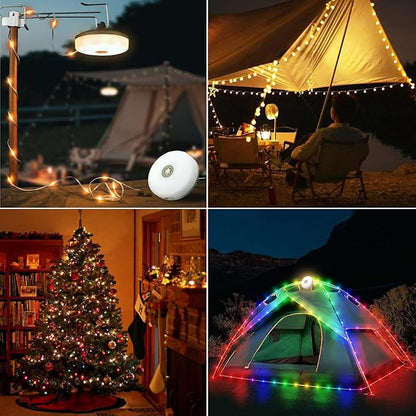 Camping String Lights, 4 in 1 Portable Camping Light Rechargeable, 8 Lighting Modes, USB Charging, Quick Storage, 32.8FT Waterproof Tent Lights String for Camping, Hiking, Yard, Christmas, Black