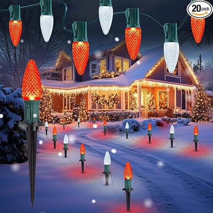 Brightown C9 Christmas Lights Outdoor, 25.7 Ft Strawberry C9 Christmas Pathway Lights with 20 LED Bulbs and Stakes, Christmas Decorations Outside Walkway Sidewalk Holiday, Red and White