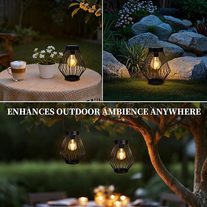 Solar Lanterns Outdoor Waterproof, 2 Pack Metal Decorative Hanging Lantern Lights with Warm White LED Bulb, Solar Powered Patio, Yard & Garden Decor, Ideal for Housewarming & Christmas Gifts