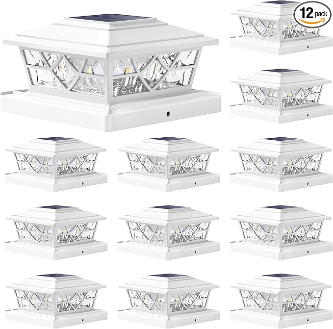 NIORSUN Solar Post Lights Outdoor 12 Pack, 2 Modes LED, Deck Fence Post Solar Lights for 3.5x3.5 4x4 5x5 5.5x5.5 Caps Patio Garden Decoration, White