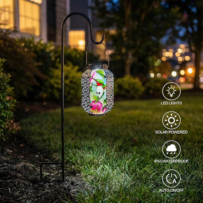Hummingbird Solar Lantern Outdoor Hanging Lights – Waterproof Metal Garden Decor with Stained Glass, LED Solar Decorative Lamp for Patio, Yard, Porch, Pathway, Gardening Gifts for Mom, Grandma, Women