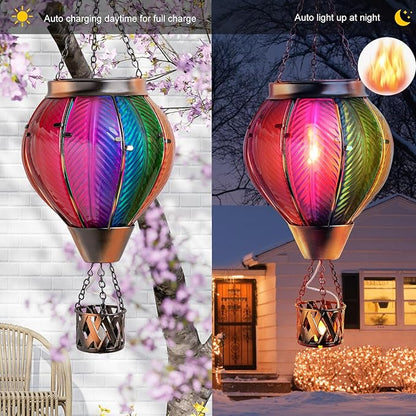 Larekook Rainbow Solar Hot Air Balloon Lantern with Flickering Flame Light,Glass Outdoor Garden Decor,Hot Air Balloon Solar Lantern Outdoor Waterproof Hanging Light for Yard Patio Porch Lawn