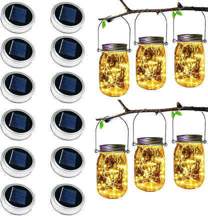 Upgraded Solar Mason Jar Lid Light,Multicolor 30LED Light String Fairy Firefly Jar Lid Light (3 Colors) Including 12 Hangers(Excluding Jars) Best for Mason Jars Terrace Garden Decoration