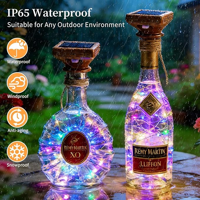 VOOKRY 8 Pack Solar Powered Wine Bottle Lights, 20 LED Waterproof Outdoor Solar Fairy String Cork Lights for Wedding, Christmas, Party, Garden, Patio, Tabletop Decor(Multicolor)