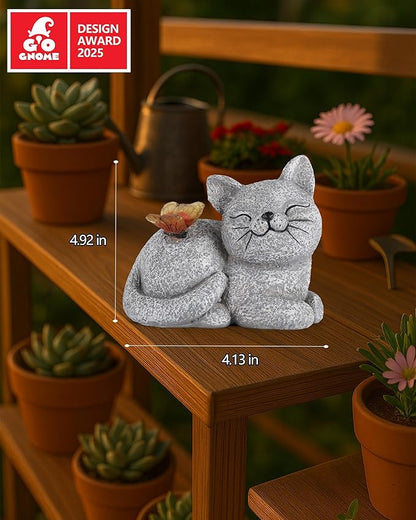 Solar Cat Garden Statue with Butterfly Light – 5-Inch Outdoor Resin Figurine for Yard, Patio, Balcony – Gifts for Women, Garden Decor Accent (Cat)