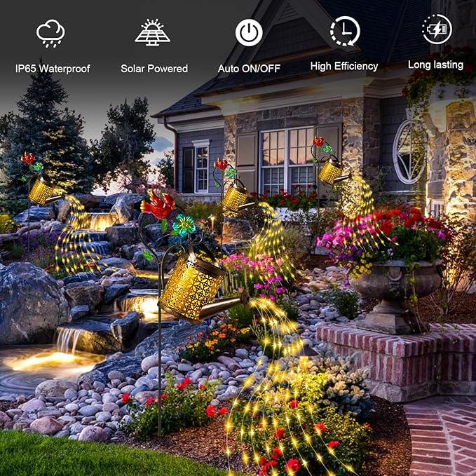 Mothers Day Gifts Solar Lights Outdoor, Watering Can with Cascading Lights, Watering Can with Hook Solar Lantern, Gardening Decor for Yard Patio, Gardening Gifts for Mom Grandma Women (2 Pack)