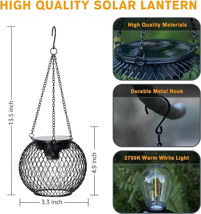 2 Pack Hanging Solar Lanterns Outdoor Waterproof, Gifts for Women Mom Grandma, Brighter Metal Solar Hanging Lanterns, Outdoor Decorative Light for Patio, Lawn, Pathway, Garden Decor