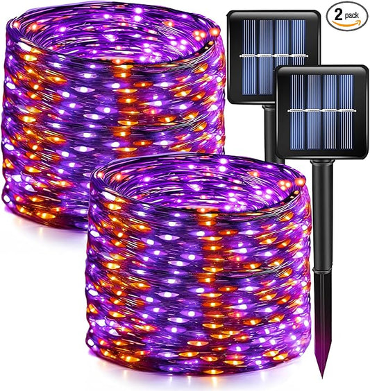 Dazzle Bright 2 Pack Purple and Orange Halloween Fairy String Lights, Total 80FT 240LED Solar Powered Fairy Lights with 8 Modes, Waterproof Copper Black Wire Lights for Outdoor Yard Party Decorations