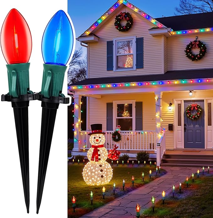 2-Pack C9 Christmas Lights Outdoor, 51.4ft 40 Bulb Pathway Lights with Stakes, Multicolor
