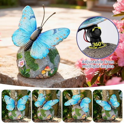 Solar Butterfly Garden Statue Weatherproof Outdoor Hand-Painted Decor Butterfly Resin Figurine Blue