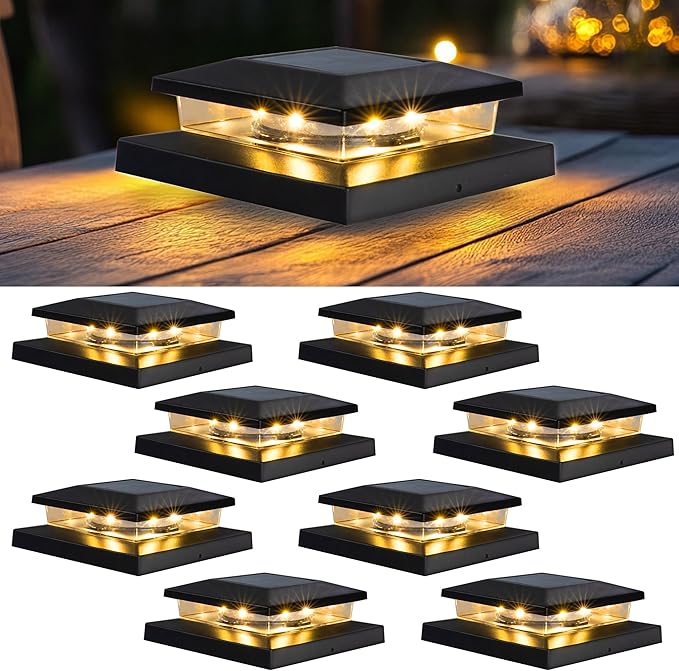 8-Pack Warm White Solar Deck Post Lights, Outdoor LED Caps