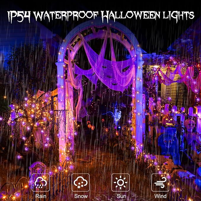 echosari 2 Pack Halloween Fairy Lights Battery Operated, 200 LED 66Ft Auto Timer Silver Wire Starry String Lights 8 Modes for Outdoor Garden Yard Fence Decor (Purple & Orange)
