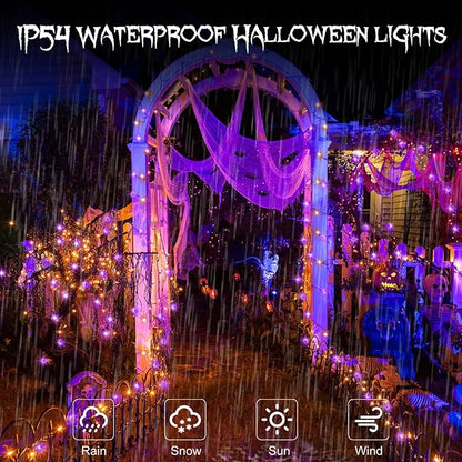 echosari 2 Pack Halloween Fairy Lights Battery Operated, 200 LED 66Ft Auto Timer Silver Wire Starry String Lights 8 Modes for Outdoor Garden Yard Fence Decor (Purple & Orange)