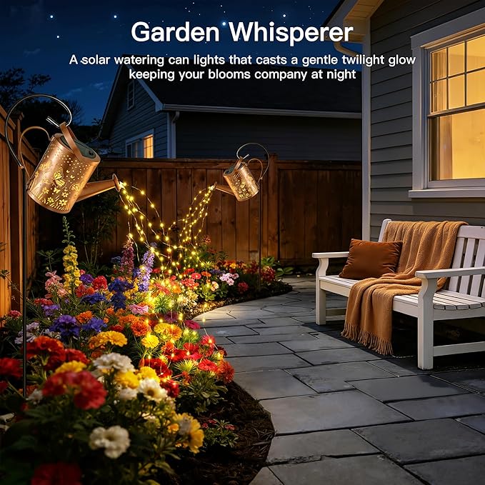 Ollny Solar Watering Can with Cascading Lights Outdoor Garden Decor, Birthday Gifts for Mom Grandma Women, IP65 Waterproof 2 Lighting Modes Hanging Lanterns for Yard Patio Lawn (Butterfly)