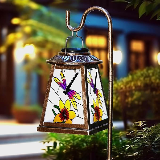 Dragonfly Solar Lantern with Shepherd Hook, Outdoor Hanging Metal LED Garden Light Waterproof for Patio Yard Pathway, Peaceful Dragonfly Lantern Decor and Christmas Holiday Gift for Women Mom Grandma