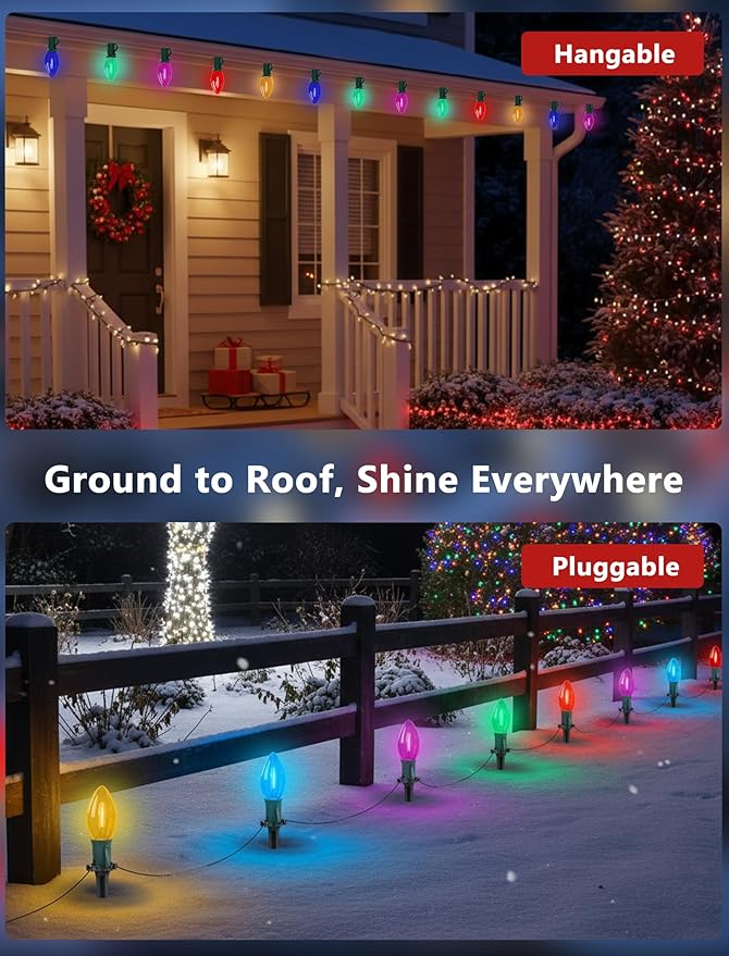 38FT Multicolor LED Christmas Pathway Lights, 25 Multicolor Extendable Weatherproof Christmas Walkway Lights with C9 LED Bulbs and Stakes for Outdoor Lawn Patio Yard Christmas Decorations