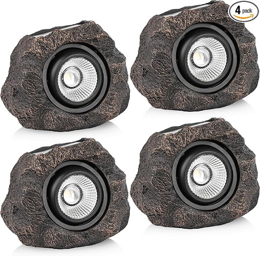 Solar Rock Lights Outdoor – 4 Pack Waterproof LED Landscape Garden Spotlights, Realistic Stone Design, Wireless Solar Powered Pathway Lights for Yard, Walkway, Patio & Lawn Decoration (Auto On/Off)