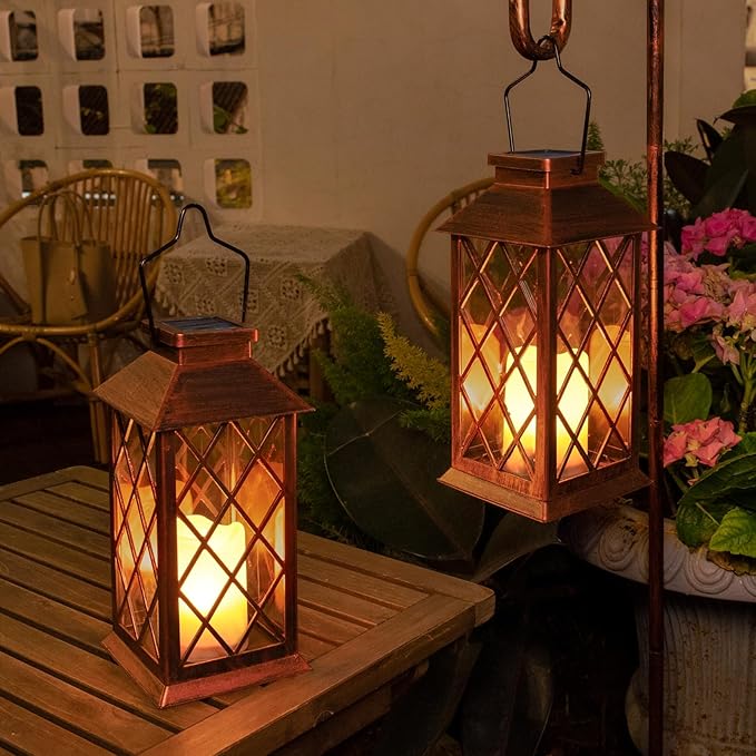 2-Pack Rustic Garden Solar Lanterns for Patio, Waterproof LED