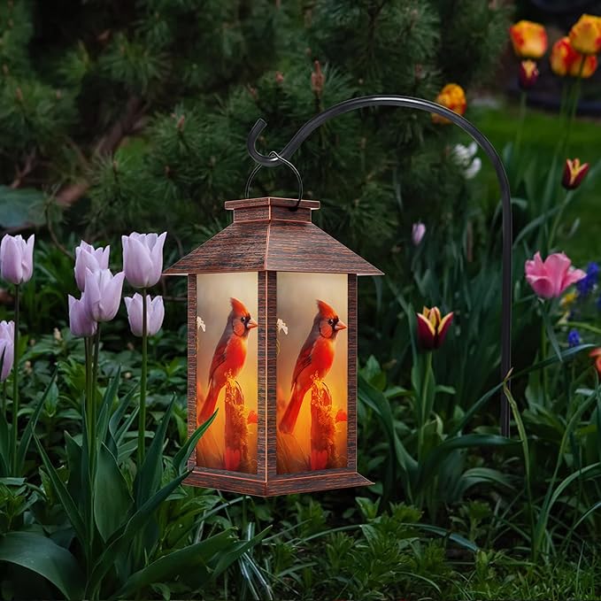 Solar Lanterns Outdoor, Waterproof Cardinal Garden Hanging Lanterns with LED Flickering Flameless Candles, Lantern Decor Christmas Gifts for Women Mom Grandma
