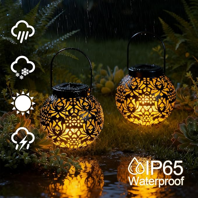 2-Pack Hanging Solar Outdoor Lanterns, Metal Waterproof LED