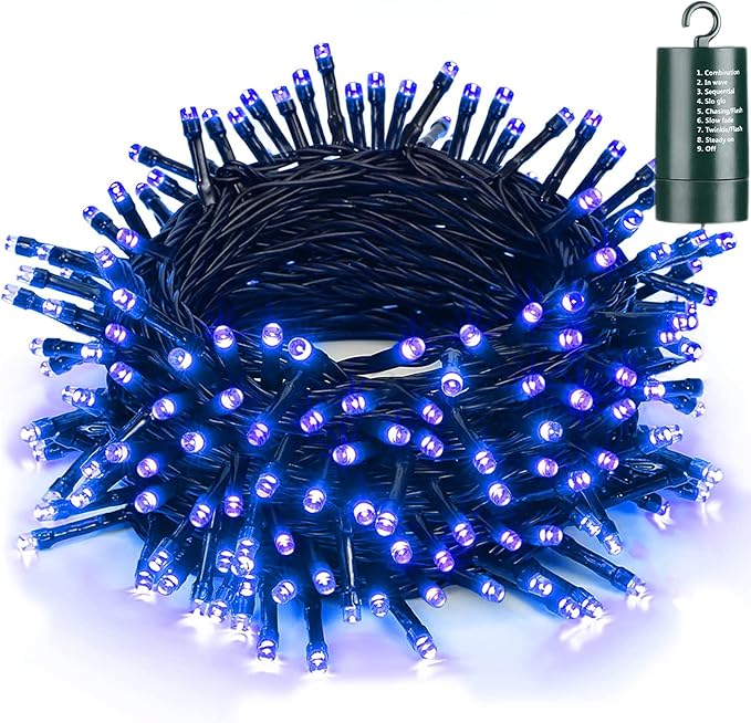 Joomer Blue Battery Christmas Lights, 66ft 200LED Fairy Lights Battery Operated Timer 8 Modes Waterproof for Outdoor Home Garden Party Holiday Christmas Trees Decoration