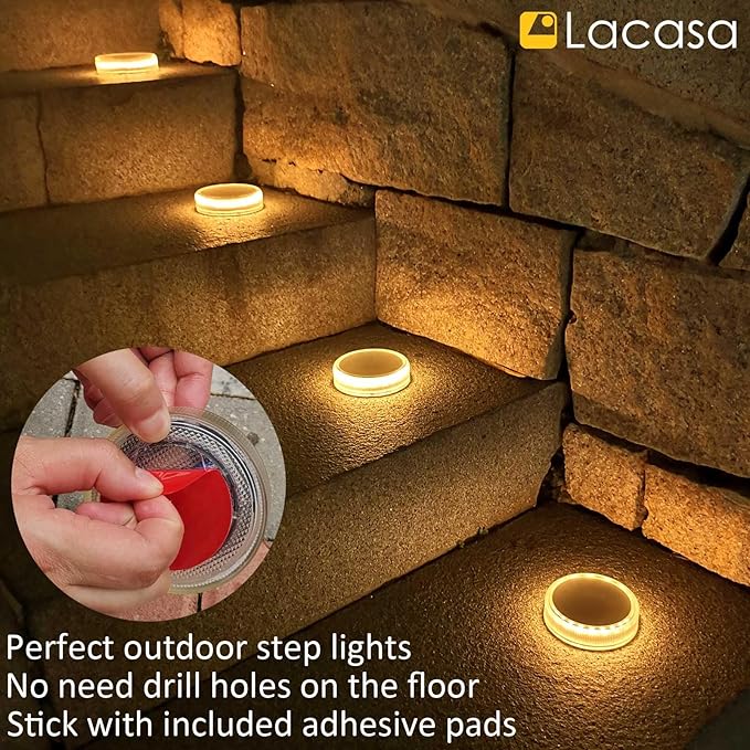 Lacasa Solar Deck Lights, 4 Pack 30LM Outdoor Solar Powered Step Lights, LED Dock Lights Warm White 2700K Light up All Night IP68 Waterproof Auto ON/Off for Garden Stairs Driveway Pathway Lighting