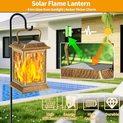 Flickering Solar Lantern Outdoor, Waterproof Hanging Flame Solar Powered Lantern for Pathway, Tabletop, Patio, Garden Decoratives (Bronze)