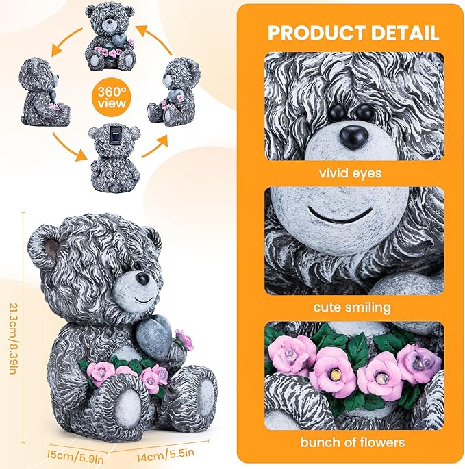 Solar Garden Outdoor Statues Bear with Heart and Pink Flower and 5 LED Lights-Lawn Decor Bear Statue for Patio, Balcony, Yard Ornament-Unique Housewarming Gifts for Mom, Women