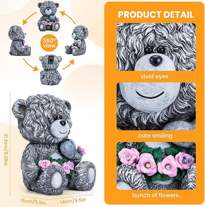 Solar Garden Outdoor Statues Bear with Heart and Pink Flower and 5 LED Lights-Lawn Decor Bear Statue for Patio, Balcony, Yard Ornament-Unique Housewarming Gifts for Mom, Women