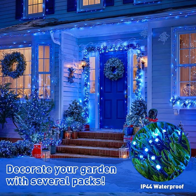 JMEXSUSS 2 Pack 100 LED Blue Christmas Lights Battery Operated, Each 33 FT Blue String Lights Indoor Outdoor Waterproof，Christmas Tree Lights with Remote for Garden Porch Yard Decor