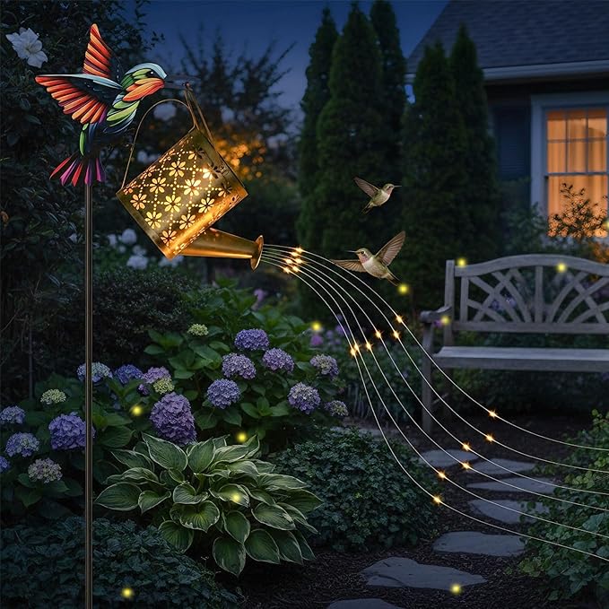 Solar Watering Can with Cascading Lights Outdoor Garden Decor,Solar Hummingbird Lights Shaped Hook Gardening Gifts, Hanging Garden Lights for Patio Yard Lawn Porch Outdoor Decoration