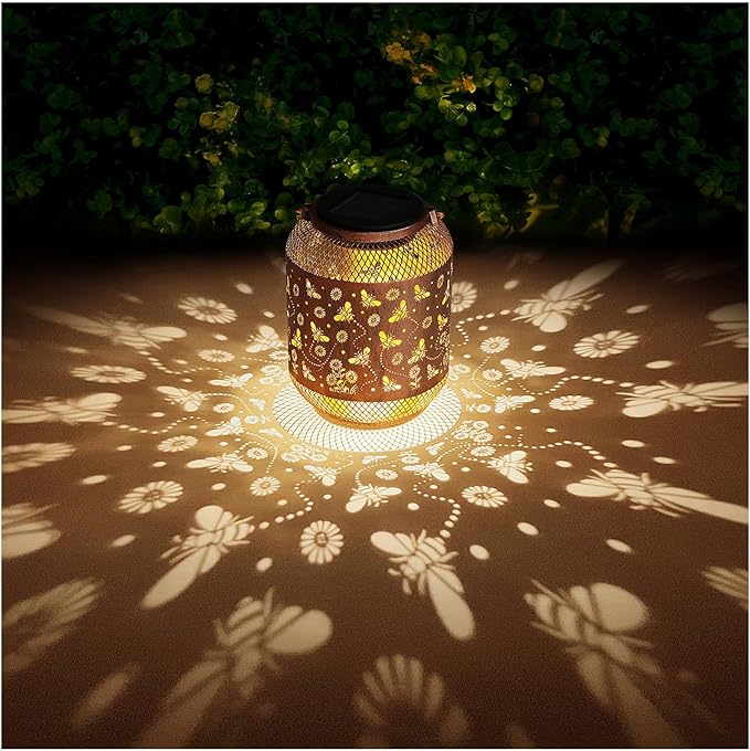 Bee Solar Lanterns Outdoor Waterproof Garden Decor Birthday Gifts for Mom Women Grandma Metal Hanging Solar Lights Outdoor Decoration for Patio,Yard,Porch,Backyard