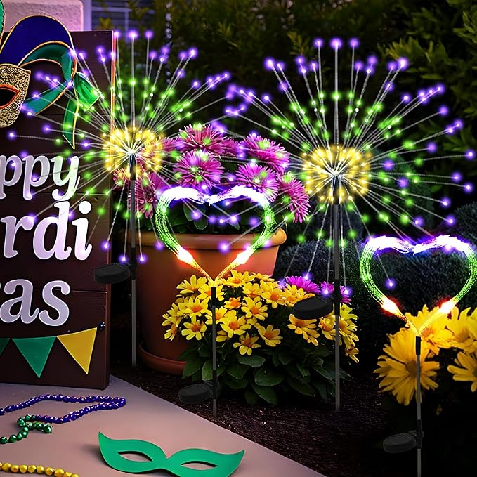 Mardi Gras Solar Lights Outdoor, 4 Pack Solar Garden Lights Outside Fairy Firework Decorative,Solar Powered for Mardi Gras,Yard Pathway Party Balcony Patio Decor (Purple, Green, Yellow)