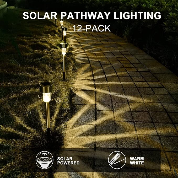 Dream Master Solar Lights Outdoor Waterproof, Stainless Steel LED Landscape Lighting, Solar Garden Lights, Outdoor Decorations for Yard, Pathway, Walkway, Patio, Lawn - 12 Pack(Warm White)