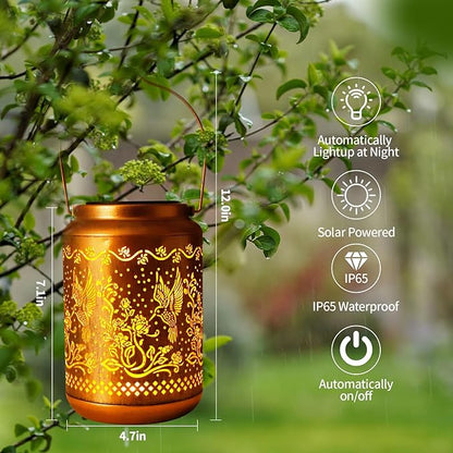 Hummingbird Solar Lanterns Outdoor,Metal Hanging Solar Lights with Hummingbird Projection-Waterproof Garden Decor for Yard,Patio,Backyard,Porch-Gifts for Women,Mom,Grandma,Sister