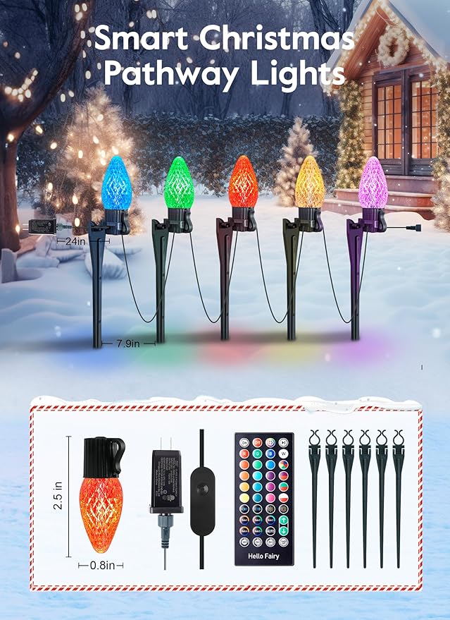 Smart App-Controlled C9 Christmas Lights Outdoor, 66ft 100 Bulb Pathway Lights with Stakes, Multicolor