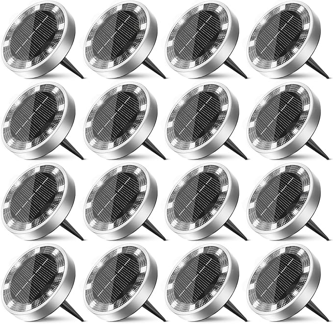 16 Pack Solar Ground Lights Outdoor, 8 LED Mini Flat Solar Disk Lights, IP65 Waterproof Anti-Rust Disc Light, Landscape Lighting for Garden Pathway Yard Walkway Driveway Lawn,Cool White