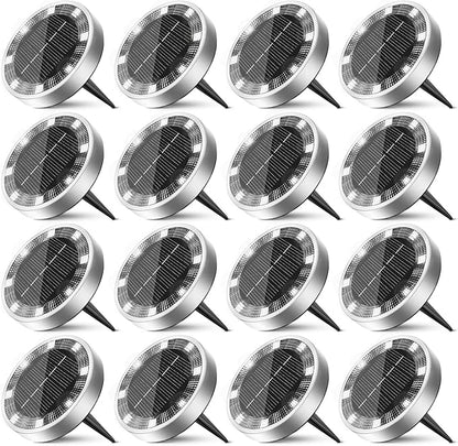 16 Pack Solar Ground Lights Outdoor, 8 LED Mini Flat Solar Disk Lights, IP65 Waterproof Anti-Rust Disc Light, Landscape Lighting for Garden Pathway Yard Walkway Driveway Lawn,Cool White