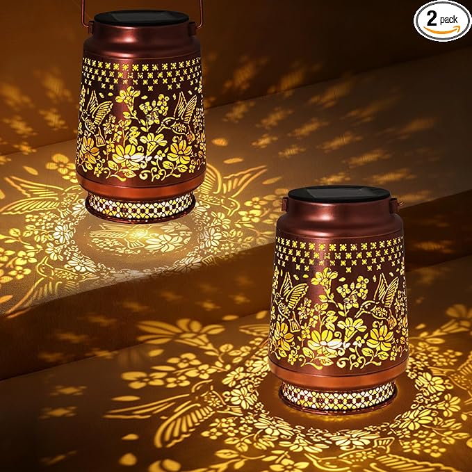 2 Pack Hummingbird Solar Lanterns Outdoor Waterproof, Garden Decor Birthday Gifts for Women Mom Grandma Sister, Metal Hanging Solar Lights Outside Decorative for Backyard Patio Lawn Pathway Landscape