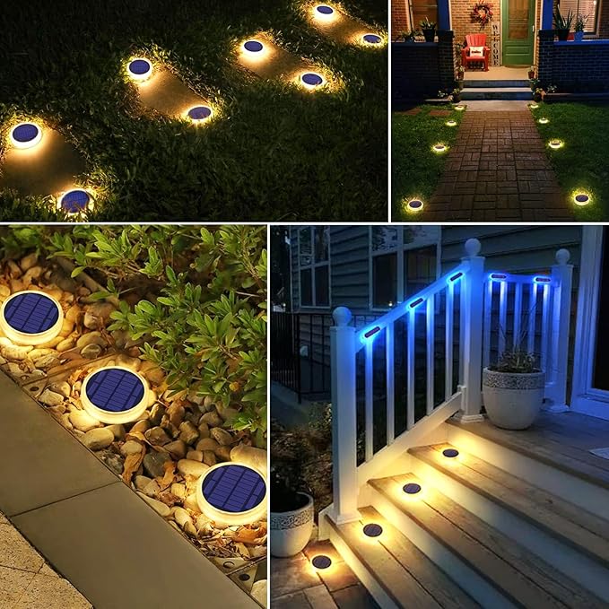 YiLaie LED Solar Deck Lights Outdoor Round Stick on Solar Powered Waterproof, Auto ON/Off Solar Stair Lights for Garden Patio Concrete Pathway Walkway Driveway(4 Pack)