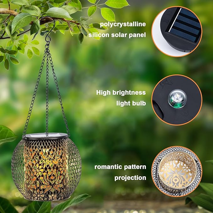 Solar Lanterns Outdoor Waterproof, Hanging Solar Lights Outside Garden Decor, Metal Solar Garden Lights Patio Decor for Yard, Solar Powered Lanterns Decorative for Porch Balcony Backyard Fence