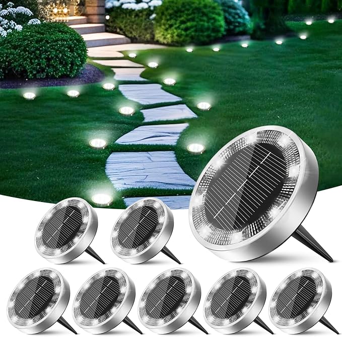 8-Pack Solar Ground Disk Lights, Cool White Waterproof LED