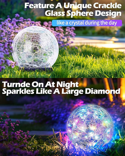 Coroor Garden Solar Ball Lights Outdoor Waterproof, 50 LED Cracked Glass Globe Solar Power Ground Lights for Path Yard Patio Lawn, Outdoor Decoration Landscape Colorful(2 Pack 4.7'')