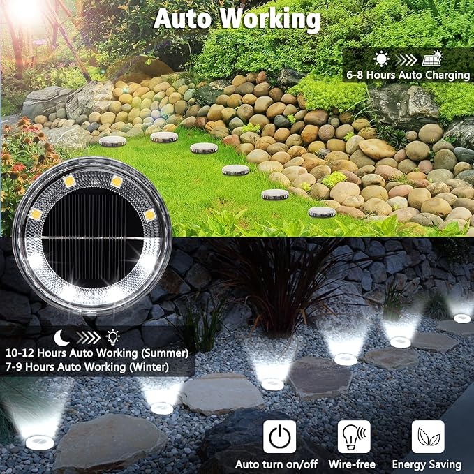 8 Pack Solar Ground Lights Outdoor Waterproof, 8 LED Solar Disc Lights, IP65 Waterproof Long Lasting Flat Light for Garden Pathway Walkway (Cool White)